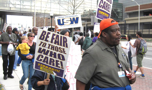 Baltimore hospital workers strike for low-paid workers