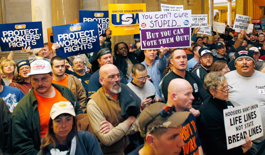 Indiana GOP ramming “right to work” but battle continues