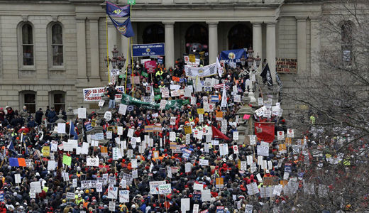 Locked capitol doors lead to Michigan unions’ right-to-work lawsuit
