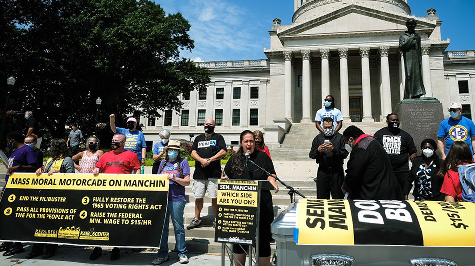 Poor People’s car caravan demands Manchin junk filibuster, back voting rights