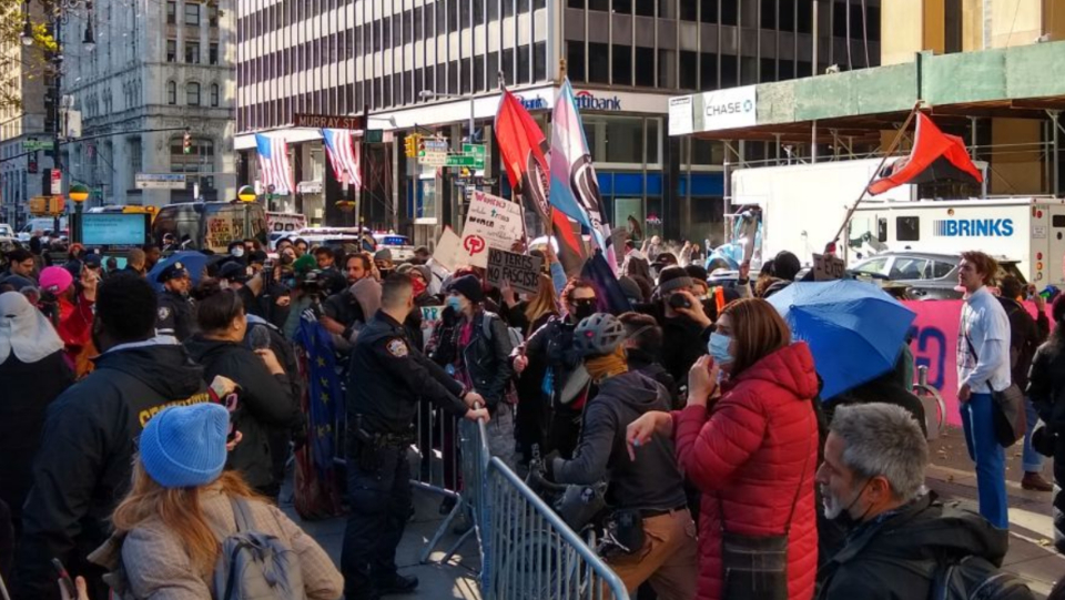 Counter-protest drowns out far-right anti-trans demo at New York City Hall