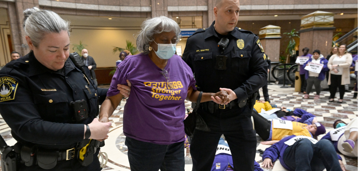 Connecticut union health care workers conduct civil disobedience ‘die-in’