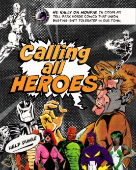 Calling All Heroes! Poster for DHWU rally featuring a colorful group of superheroes